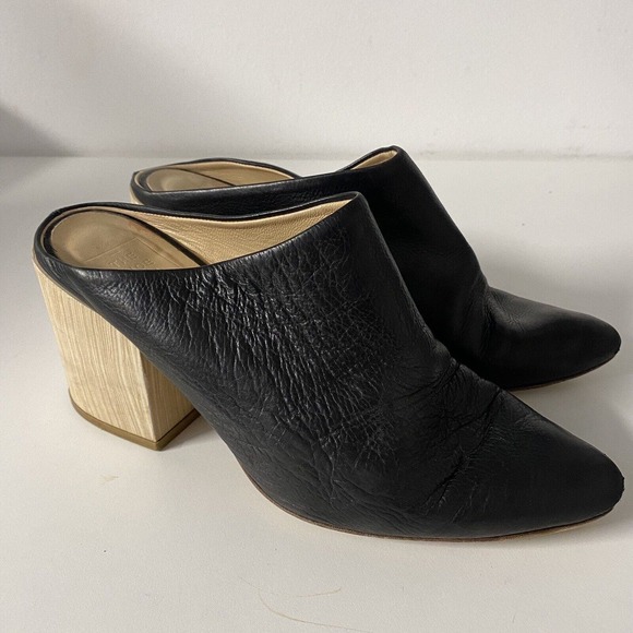 The Shoe Box Black Slip On Leather Almond Toe Mule Block 3" Heel Pump 38 - Picture 2 of 9